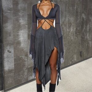 Dollskill Darker Wavs Echo Asymmetrical Mesh Wrap Dress - Charcoal Size S